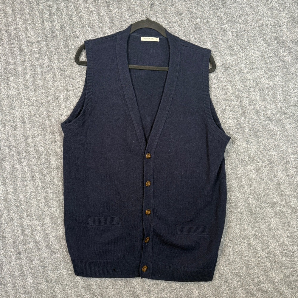 WoolOvers Cardigan Vest Men Large Blue 100% Lambswool Vneck Button Front Sweater